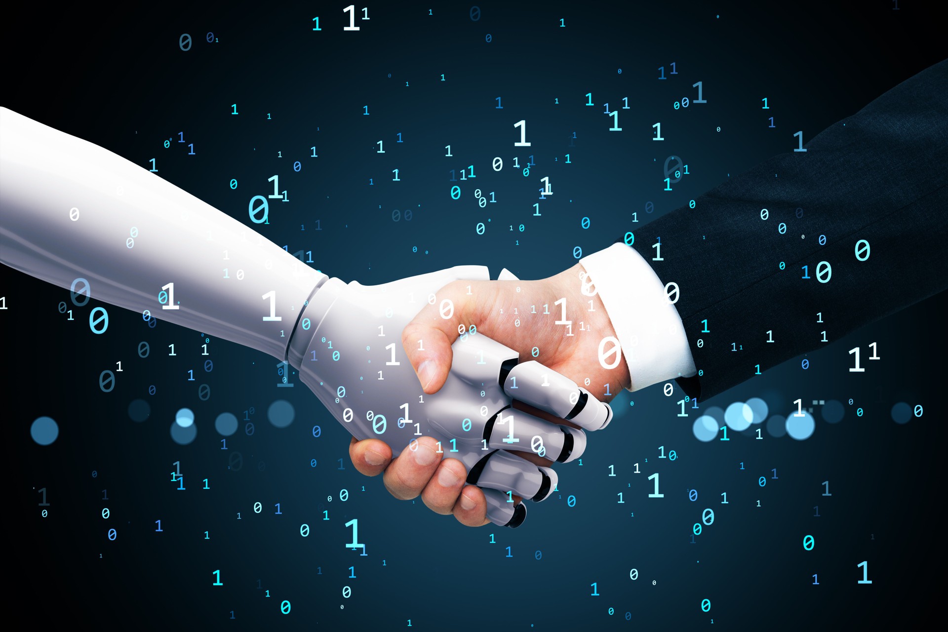 Robot and human shaking hands amid binary code on dark digital background, symbolizing futuristic business partnership and human-machine collaboration.