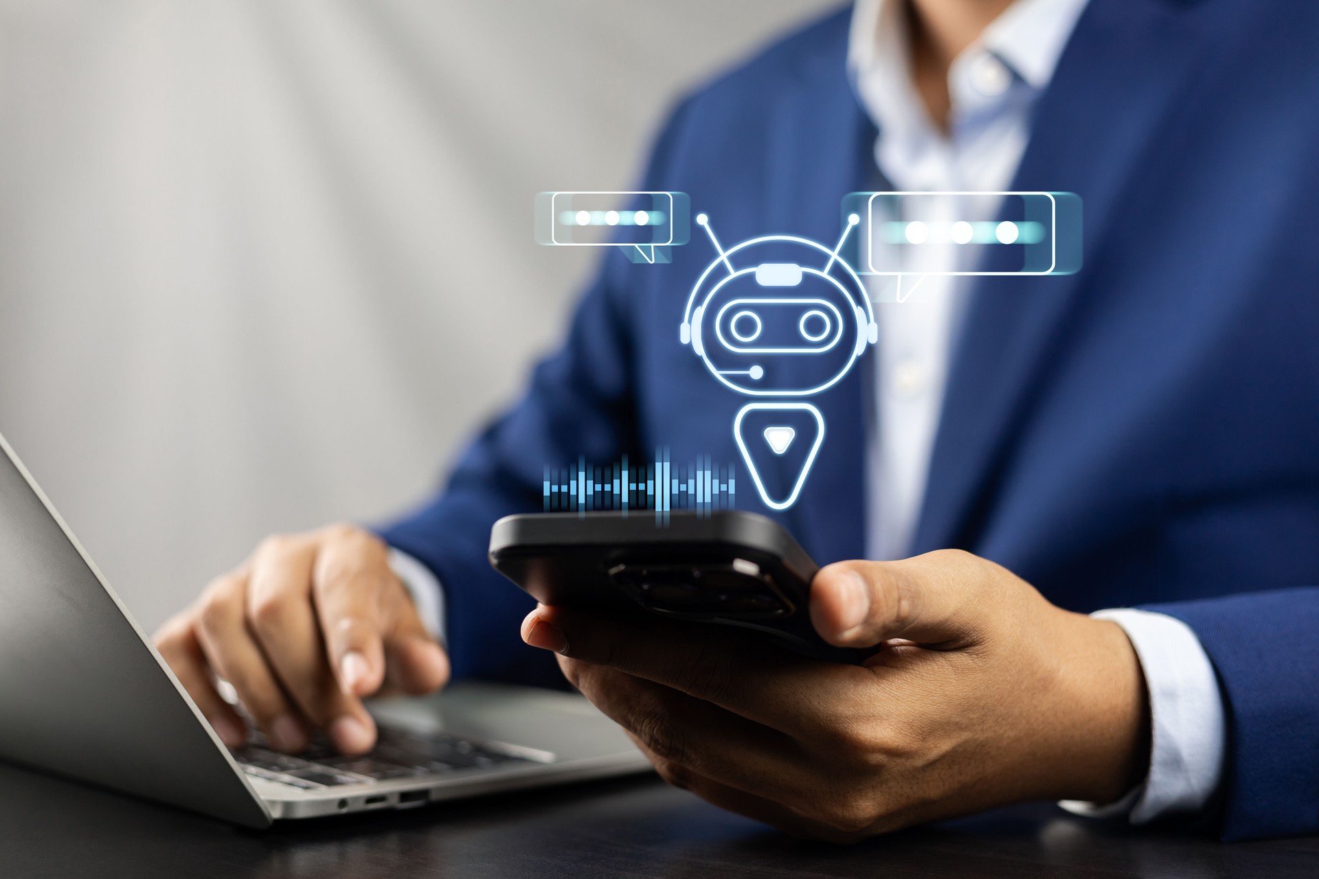 AI Artificial Intelligence,Digital chatbot, Man chatting with digital assistant chatbot on mobilephone on internet application,Future of customer service man utilizes AI chatbot for instant assistance
